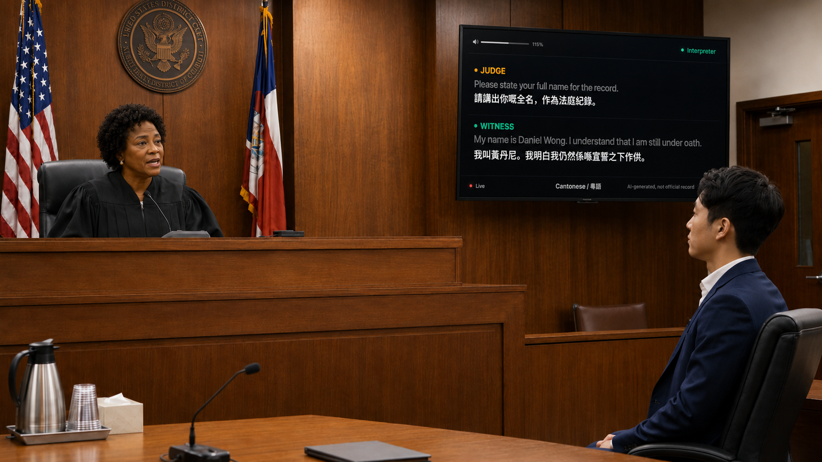 Live translated subtitles on courtroom display